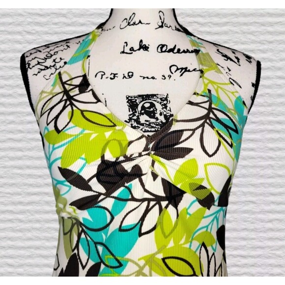 Christina Womens 16/38 Ivory/Brown Floral Ribbed Halter One Piece Swimsuit Beach - Picture 3 of 9